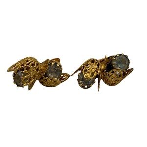 Vintage Gold Tone Filigree Multicolor Rhinestone Clip On Earrings